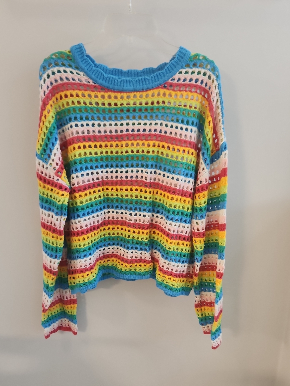 Pink Lily Rainbow Crochet Open-Knit Crewneck Sweater